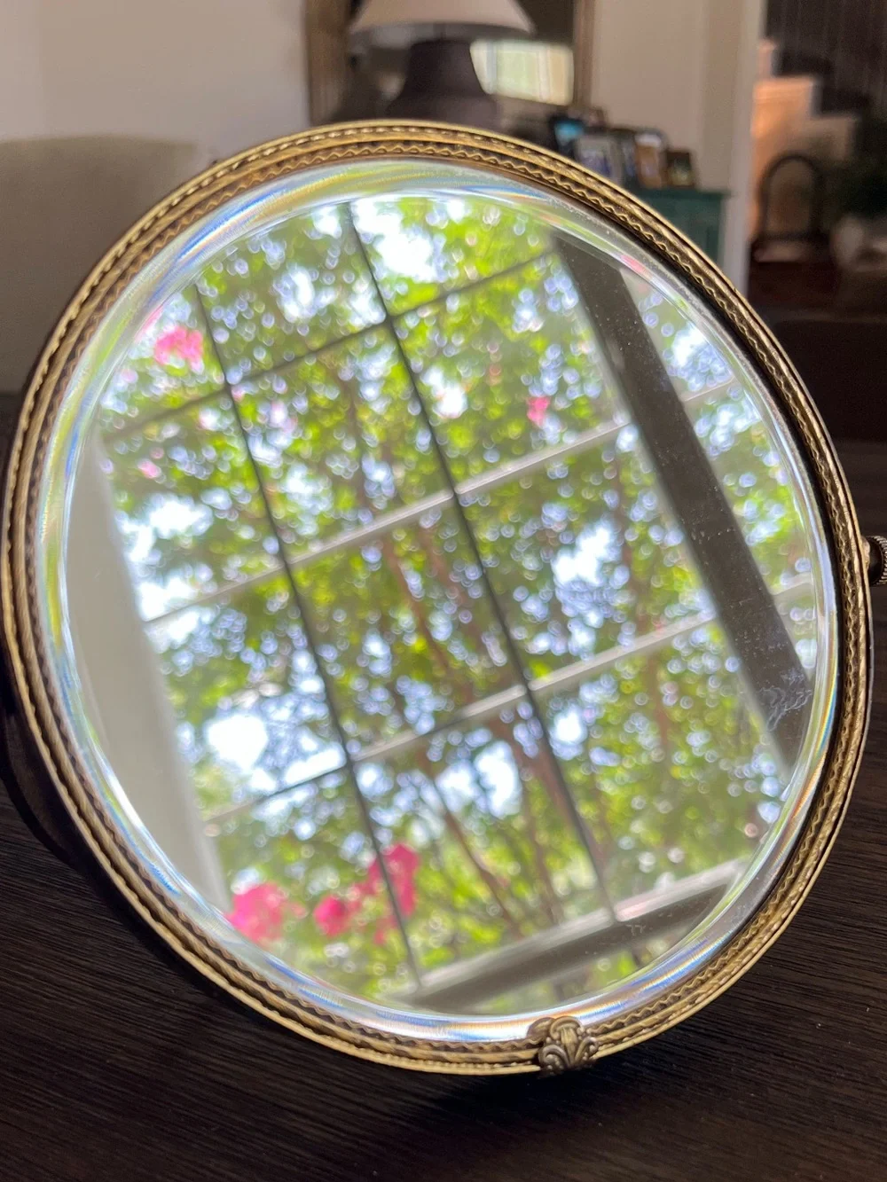 Vintage | Gold Brass Filagree Hinged Vanity Mirror | Double-Sided | Beveled